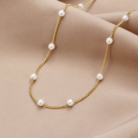 Anthropologie Jewelry - Round Pearl Station Chain Necklace in Gold